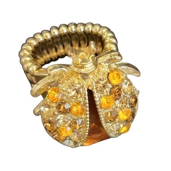 Lady Bug Ring Amber Crystal Gold Statement Stretch Insect Bug Scarab Beetle - Picture 6 of 8